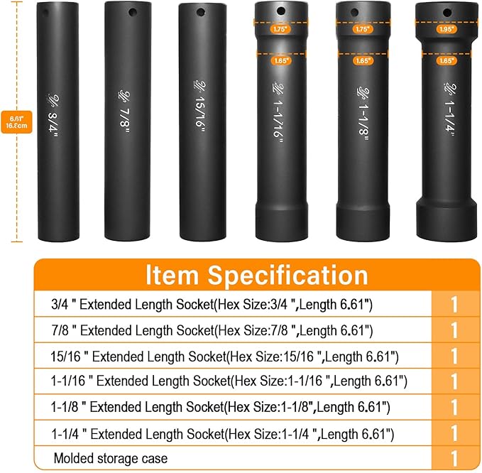1/2 Inch Drive Extra Deep Long Socket Set, 6PCS Extended Length Impact Socket Set Contains Sizes 3/4", 7/8", 15/16", 1-1/16", 1-1/8", 1-1/4", Specifically Designed for High Torque Applications