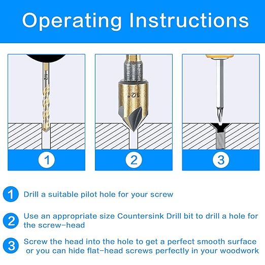 Countersink Drill Bit Set, 5pc, 1/4" Hex Shank, 82 Degree Countersink Holes for Screws to Sit Flush or Under The Surface of Metal Wood Plastic, Sizes 1/4, 3/8, 1/2, 5/8, 3/4 Inches with Storage Case