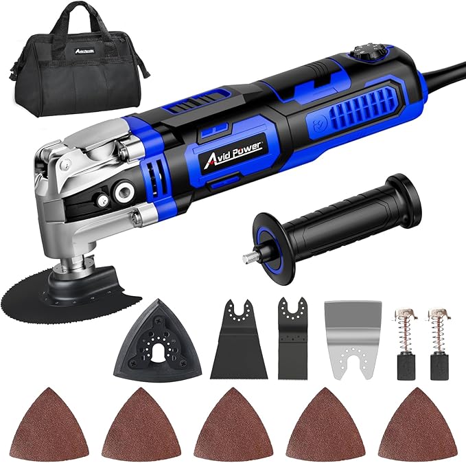 AVID POWER Oscillating Tool, 3.5-Amp Oscillating Multi Tool with 4.5째 Oscillation Angle, 6 Variable Speeds and 13pcs Saw Accessories, Auxiliary Handle and Carrying Bag - Blue