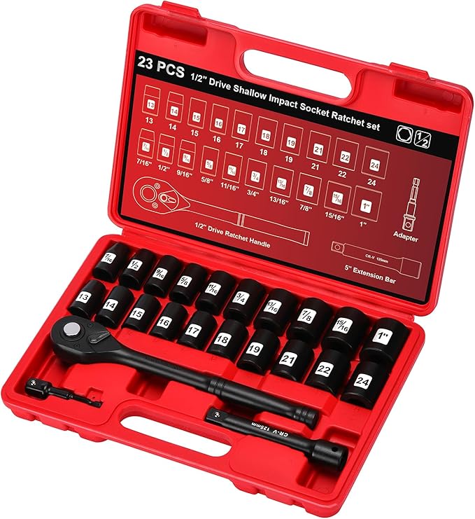 AIRTOON 1/2" Drive Impact Socket Set, 23-Piece Shallow Socket, SAE (7/16 to 1-Inch) & Metric (13-24 mm) Sizes, Ratchet Handle, Adapter, CR-V Steel