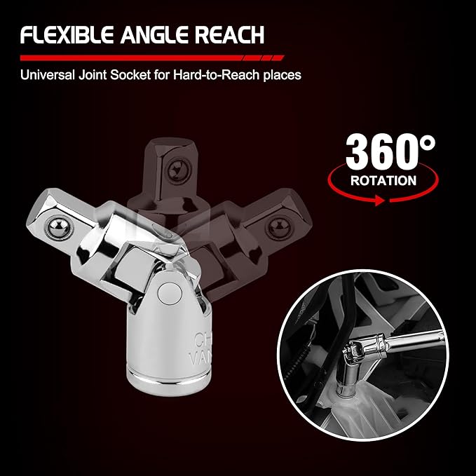 5-Piece 3/8 Inch Drive Extension Bar Set, Includes 3, 6, and 10 Inch Extensions, 3/8 Inch Drive Universal Joint Socket and Flexible Socket Extension Bar
