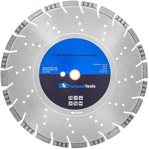 14" All Purpose Diamond Saw Blades for Hard/Reinforced Concrete, Asphalt, Granite, Terrazzo, Ductile Iron Piping, 4-5/8" Cutting Depth, 1" Arbor