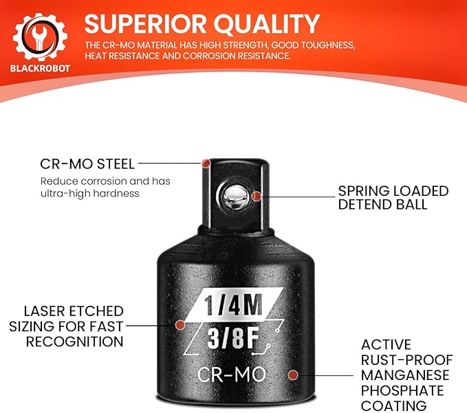 BLACKROBOT 2 Piece 3/8?쒯 To 1/4?쒶 Impact Socket Adapter Set,SAE Drive Cr-Mo Steel Exceeds ANSI Standards,Square Drive Reducer for Impact Driver Wrench