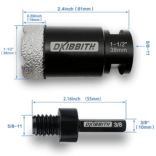 Dry Diamond Core Drill Bits 1-1/2 Inch Tile Hole Saws for Porcelain Ceramic Tile Granite Marble Stone Brick Hole Saw 38mm with 5/8-11 Thread Plus 3/8 Inch Hex Shank Adapter