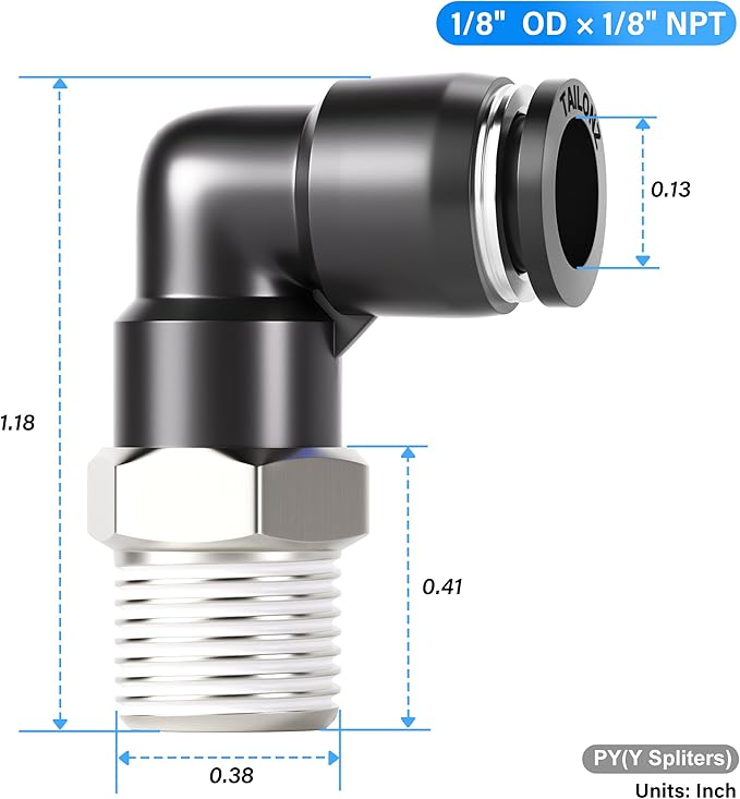 TAILONZ PNEUMATIC Male Elbow 1/8 Inch Tube OD x 1/8 Inch NPT Thread 90 Push to Connect Fittings PL-1/8-N1 (Pack of 2)
