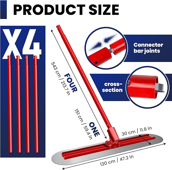 Concrete Finishing Trowel Tool Kit, 48x12 Inch Bull Float with 4 Handles, Stainless Steel Board & 57-Inch Alloy Handles