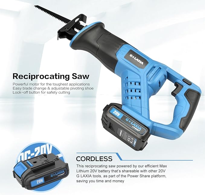 Reciprocating Saw, 20V Cordless Reciprocating Saw with 2.0Ah Battery and Fast Charger, 0-3000RPM, Tool-Free Blade Change, 5Pcs Blades for Wood, Soft Metal, PVC Pipe Cutting