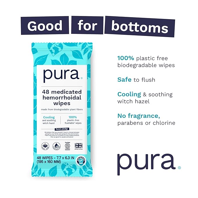 Pura Flushable Hemorrhoid Wipes XL, 48 Count, Medicated with Cooling Witch Hazel, Aloe & Coconut Oil, Fast Relief, Fragrance-Free, 100% Plastic-Free
