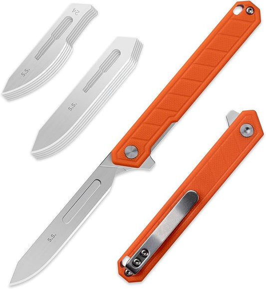 G046 Mecha Mini Slim Folding Scalpel with 5pcs #24 and 5pcs #60 G10 Handle with Liner Lock, Utility EDC Pocket Knife with Back Clip（Orange）
