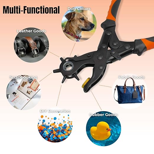 Adorox Heavy Duty Quality & Professional Design Revolving Hole Punch Pliers Kit ??with Steel Ruler & File, Puncher with 6 Hole Sizes for Belts, Watch Straps, Saddles, Shoes & DIY Crafts