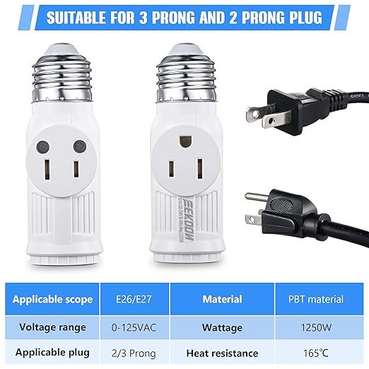 Feekoon 2 Pcs Light Socket to Plug Adapter, Convert E26 Light Socket to 3 Prong Outlet Adapter, Screw in Outlet for Lamp Sockets for Garage Porch (White)