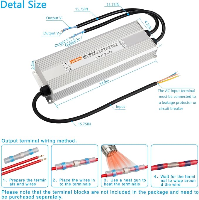 LED Driver 24V1600W Waterproof Power Supply AC 90-130V to DC 24V66.6A Low-Voltage Transformer IP67 Switching Power Supply Suitable for High-Power LED Lighting and Any 24V DC Equipment