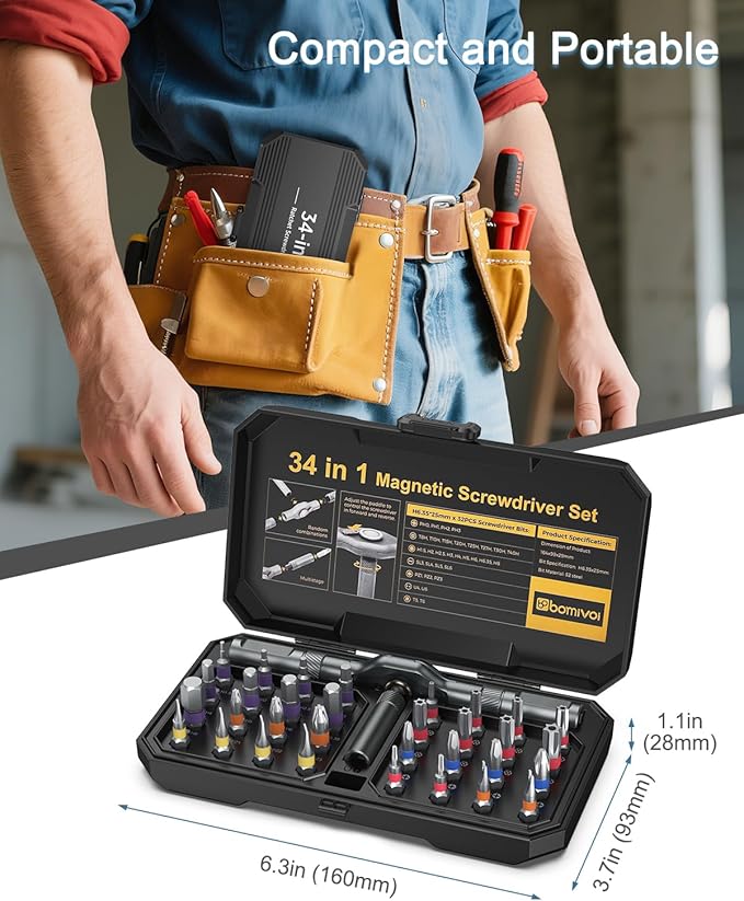 Magnetic Screwdriver Set 34 in 1, New DIY Ratchet Screwdriver Set with 32 PCS Bits, T Handle, Storage Case, Portable Repair Tool Kit for Men Furniture, Electronics, Computer, Bicycle