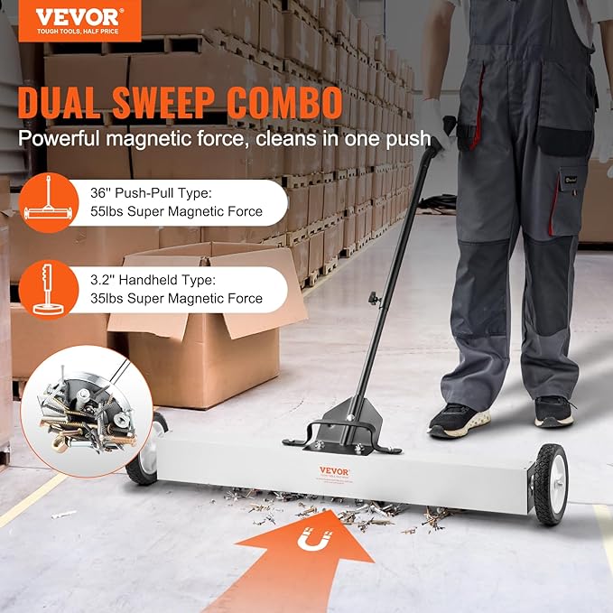 VEVOR 36-Inch Magnetic Sweeper with Wheels, 55 lbs Capacity, with Telescoping Magnetic Pickup Tool, Adjustable Handle, Magnetic Pickup Sweeper to Pick Up Nails and Screws, for Workshop, Garage, Yard