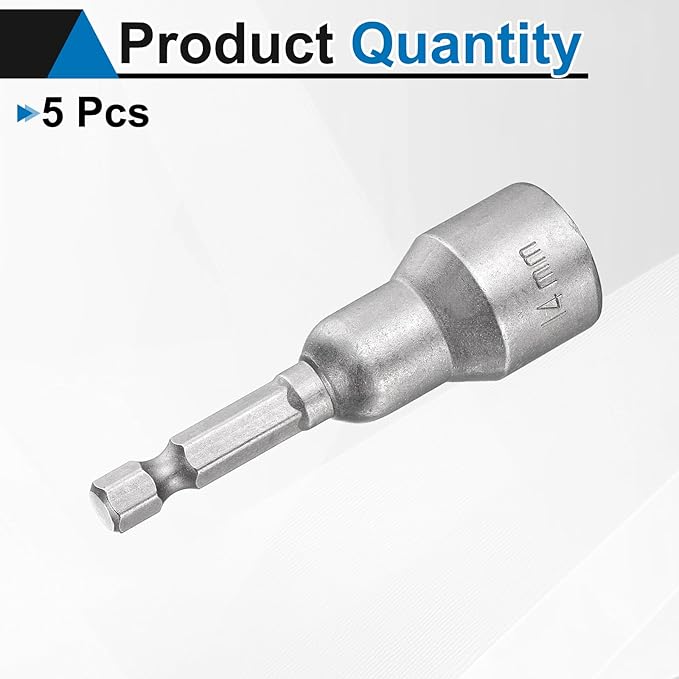 HARFINGTON 5pcs Nut Driver Drill Bit 14mm Metric Socket 1/4" Hex Shank 2.56" (65mm) Long Magnetic 6-Point Sockets Quick Change CR-V Steel Bolt Setters for Power Drill Drivers