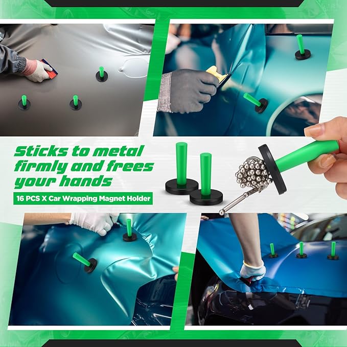 Dunkive 16 Pcs Green Car Vinyl Wrap Magnets Holder Tool Kits for Car Wrapping and Crafts Sign Making Window Tint Tools Magnets