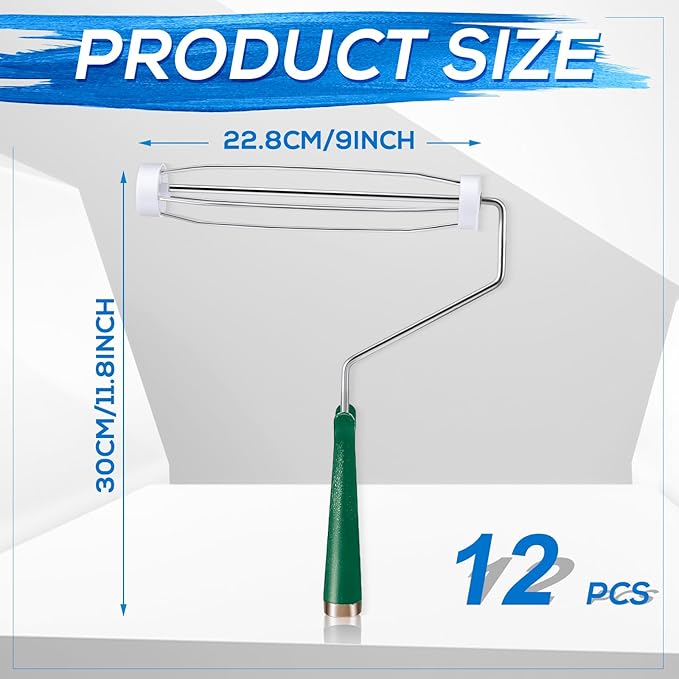 Gerrii 12 Pcs 9 Inch Paint Roller Painting Roller Frame 5 Wire Brush Supplies for Wall House Homes (Green)