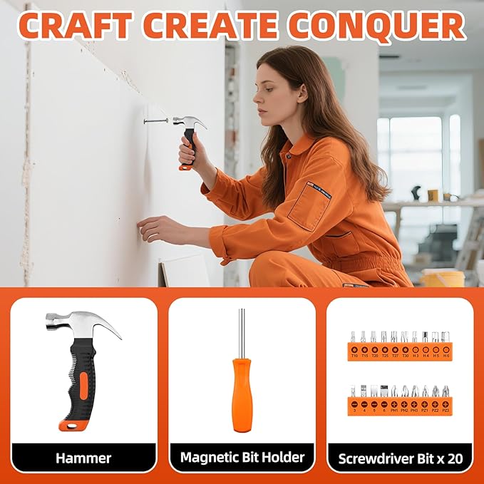 22 Piece Claw Hammer, Small Hammer, Screwdriver Set, Tools Set, Tool Kit with Anti-Slip Handle for Women DIY Craft Industry, Indoor Outdoor Using, Orange