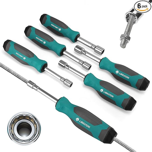 LIBRATON Full-Hollow Nut Driver Set SAE, 12-Point Magnetic Nut Drivers, Hollow Shaft for Long Bolts, 6PCS Heavy Duty Magnetic Nut Drivers with Through-Handle, 1/4, 5/16, 11/32, 3/8, 7/16, 1/2Inch