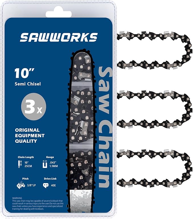 3-Pack 10 Inch Chainsaw Chain, 3/8" LP Pitch .043" Gauge 40 Drive Links for Milwaukee Pole Saw M18 FUEL, 49-16-2723, Worx WG323, WG323.9, Ryobi P546, Black and Decker LCS1020, Oregon R40 and More