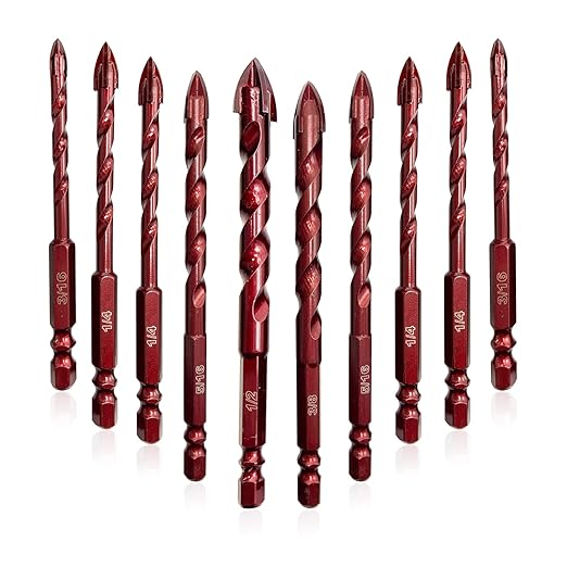 FEWELL Masonry Drill Bits 10 Pcs, Concrete Drill Bit Set Size 3/16" to 1/2", Professional High Cobalt Drill Bit Set for Tile Glass Metal Brick Concrete Ceramic Plastic Wood