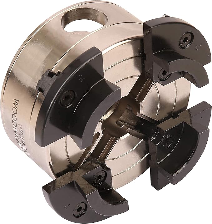 3-3/4INCH 4-Jaw Self-Centering Wood Lathe Chuck, 2" Round Jaw Mounted, 1"x8TPI thread & 3/4"x16TPI Adapter, Tightening Key, T Allen Wrench, Screw Chuck, SCK4-3.75, Nickle electric Coating Body