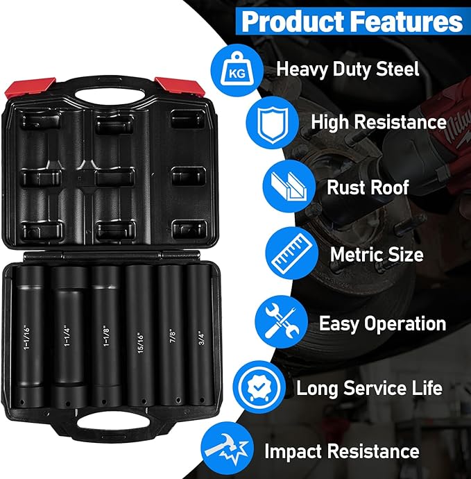 Drive Extended Length Impact Socket Set 6 Pack 1/2 Inch Drive Crank Bolt Socket Set Include Sizes 3/4", 7/8", 15/16", 1-1/16", 1-1/8", 1-1/4" for High Torque Use with Case