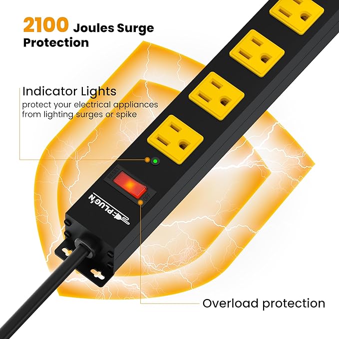 12 Outlet Long Power Strip, 2100 Joules Surge Protector, 6FT Power Cord, Wide Spaced Outlet Power Bar, Overload Protection Switch, Industrial Heavy Duty for Work Bench, Shop, Garage, 2 Pack…