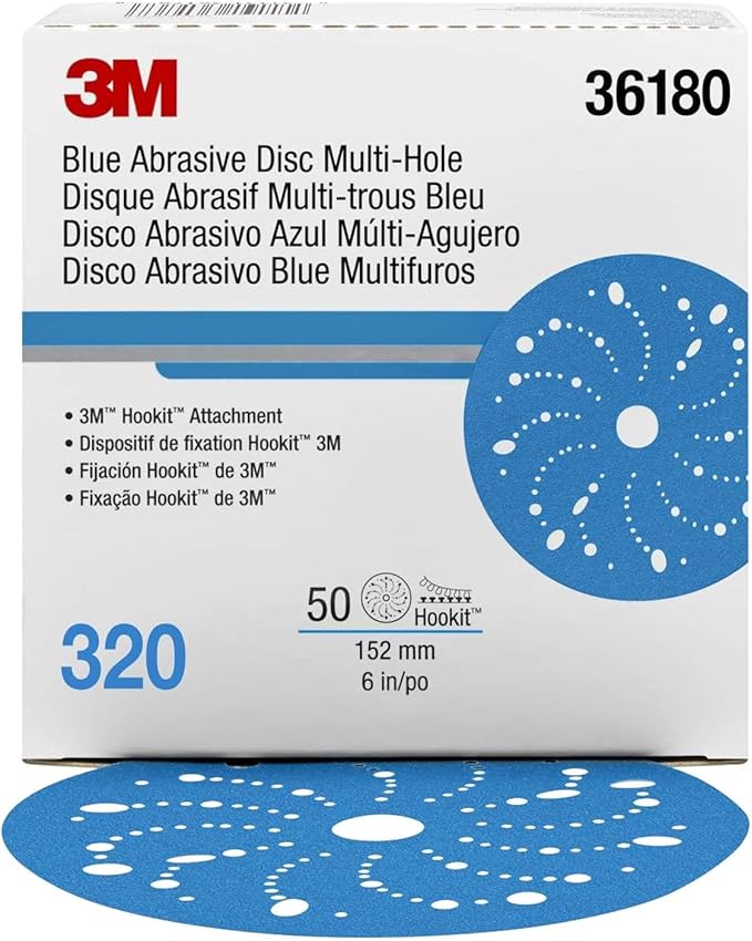 3M AMAPR Hookit 3M Blue Abrasive Discs 36180, Multi-Hole, Featheredging, Primer Sanding, Paint Preparation, 6 in, 320 Grade, 50 Discs/Carton