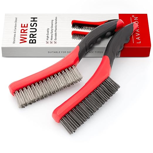 Wire Brush Set-Heavy Duty Stainless & Carbon Steel Bristles with Plastic Handle Grip for Rust, Wielding Slag, Dirt & Paint Scrubbing with Deep Cleaning ??10 Inches, Large (Pack of 2-Red)