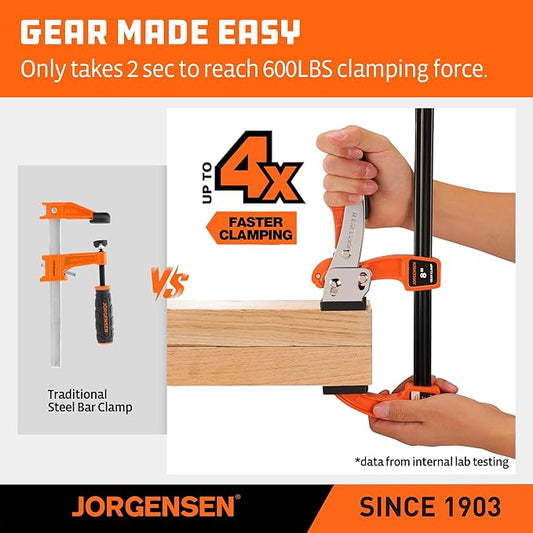 Jorgensen 8-inch Bar Clamp Set, Ratcheting Bar Clamp for Woodworking, Quick Release Gear Clamp with 600 lbs Load Limit - 2 Pack
