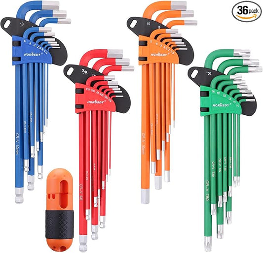 HORUSDY 37PCS Hex Key Allen Wrench Set, SAE & Metric Star Long Arm Ball End Hex Key Set, Industrial Grade Allen Wrench Set with Another Torque Handle