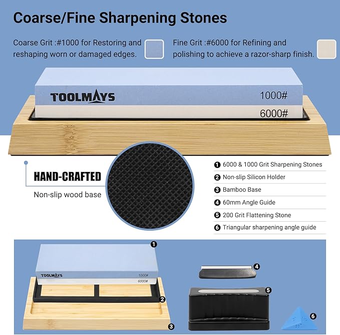 Whetstone Sharpening Stone Set, Dual Sided Grit 1000/6000 Knife Sharpener Set, Wet Stone Sharpening Kit with Nonslip Base, Angle Guide and Knife Holder (6pcs)