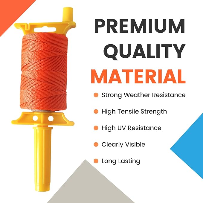 MERIANE Mason Line w/Reloadable Line Reel, 500FT Nylon String Line, 18# Braided Twine String for Masonry Job, Level Lines in Construction, Gardening, Fluorescent Orange