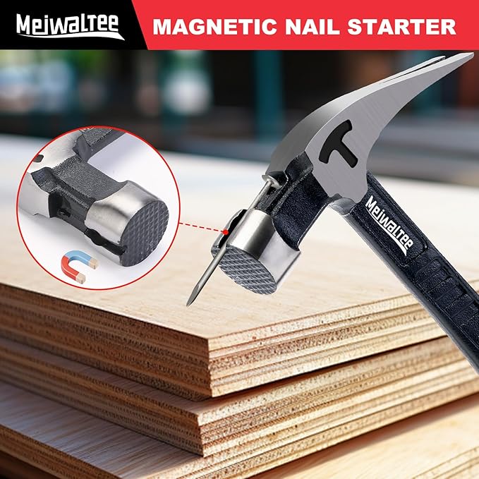 Meiwaltee 20 oz Heavy Duty One-piece Forged Hammer, Straight Claw Hammer with Magnetic Nail Holder, Rip Claw Hammer with Milled Face & Shock-Absorbing Reduction Grip