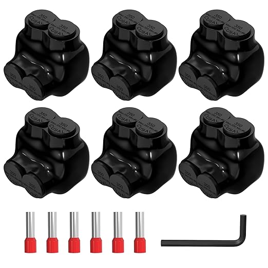 Joinfworld 2 Port Insulated Multi Tap Connector 350MCM-6AWG Wire Connectors Aluminum to Copper Wire Connectors Single Side Entry Black Electrical Cable Connectors with Slotted Allen Hex - 6 Pack