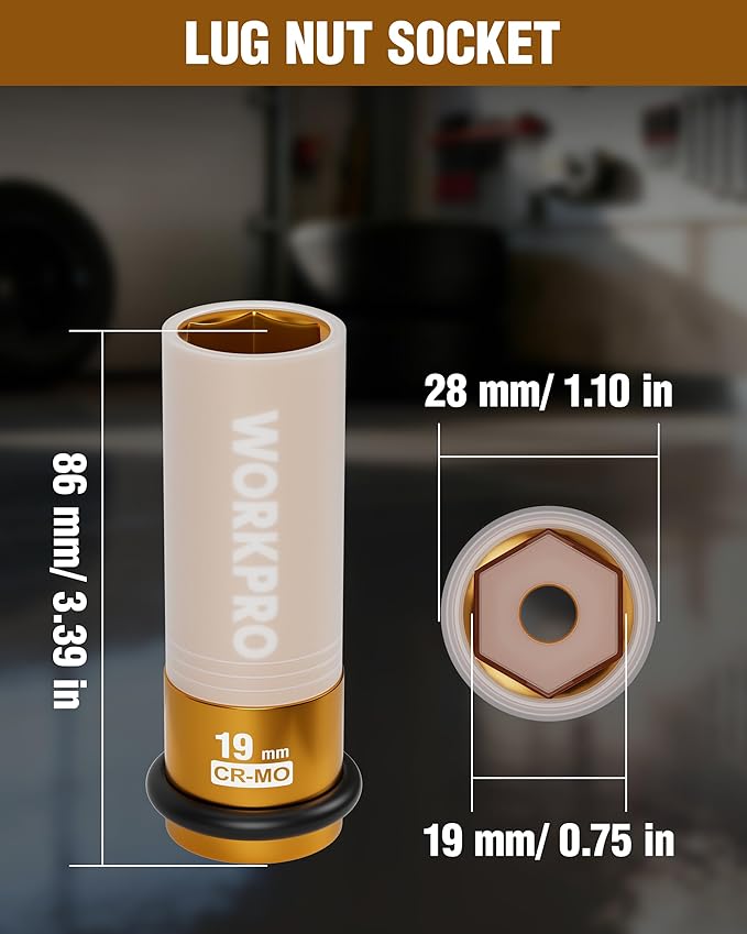 WORKPRO 1/2" Drive Lug Nut Impact Duty Socket, 19mm Deep Thin Wall Socket, Made of Premium Cr-Mo Steel, Non-Marring Lug Nut Wheel Sockets for Car