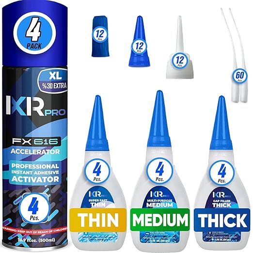 CA Glue with Activator Kit (12x1.75 oz. Thin-Medium-Thick + 4x16.9 fl.oz.) Cyanoacrylate Glue and Activator, Super Glue Accelerator, Super Glue for Wood, Woodworking, Plastic, Guitar, 3D Printing