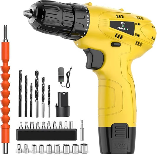 Tegatok Cordless Drill Set,12V Power Drill Set with Battery and Charger, Electric Driver Drills Bits, 3/8'' Keyless Chuck,18+1 Torque Setting with LED Electric Drills Set, Yellow