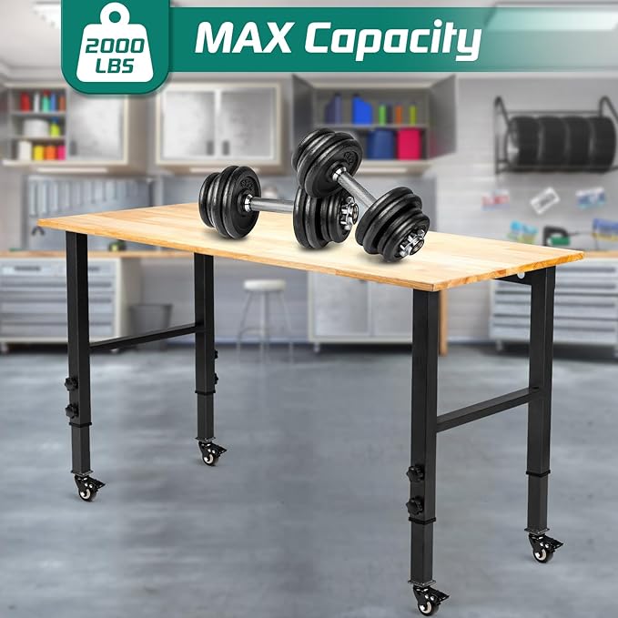 48 "Adjustable Wheels Workbench, Heavy Duty 2000 LBS Load Capacity Hardwood Workbench Suitable for Workshop, Office, Garage, Home (Metal Wheels訝쭼o Power Outlets 48"x24")