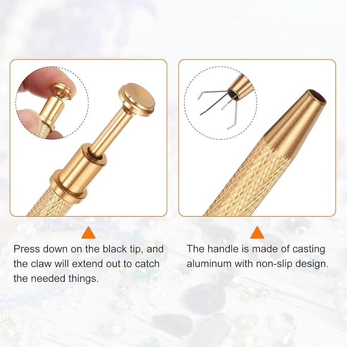HARFINGTON 3pcs Diamond Tweezer Holder Pick Up Tool Set Stainless Steel 4 Claw Holder Straight/Elbow Head Jewelry Locking Tweezer for Tiny Objects Electronic Components, Silver/Gold