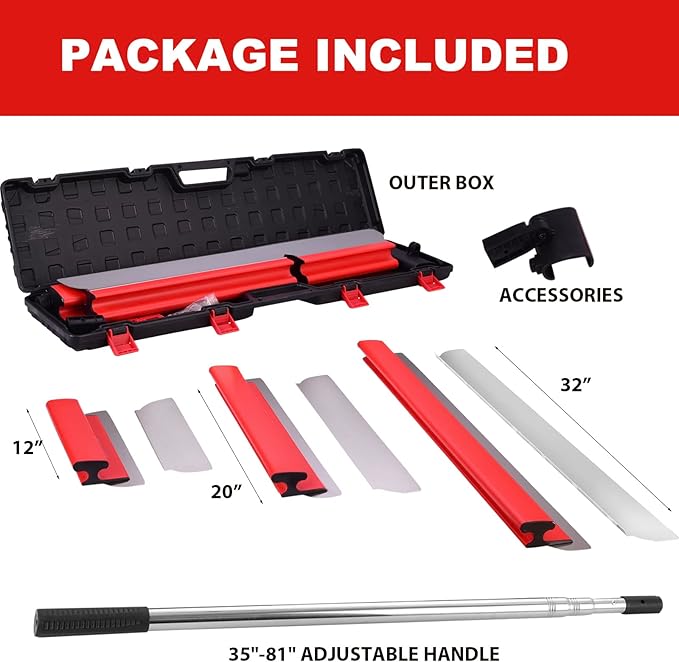 BHTOP Drywall Tools Skimming Blade with Extension Handle - 12", 20" & 32" Blades with 2 Pack 0.3 mm Blades, Construction Tools End Caps, Wall-Board with Outer Box in Red
