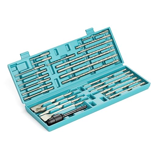 27Pcs SDS-Plus Drill Bits & Chisel Set - Rotary Hammer Carbide Tipped Double-Threaded Drill Bits & Chisels & SDS-Max to SDS Plus Adapter, with Storage Box, for Masonry Construction Materials