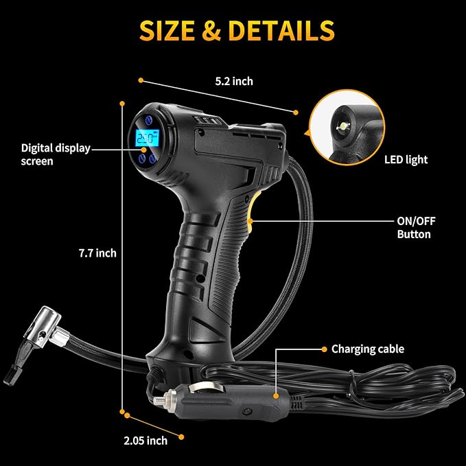 150PSI Portable Air Compressor for Car Tires ??Digital Tire Inflator with LED Flashlight, 12V Auto Pump for Cars, Motorcycles, Bikes, and Sports Balls