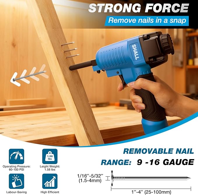 SHALL Pneumatic Nail Remover & 7.5?쇺?Flat Pry Bar Set, Heavy-Duty Air Punch Nailer Removes 9-16 Gauge Nails, 60-100 PSI Air Nail Puller/Denailer for Wood Pallets, Reclaimed Wood, 1/4?쇺?NPT Air Inlet