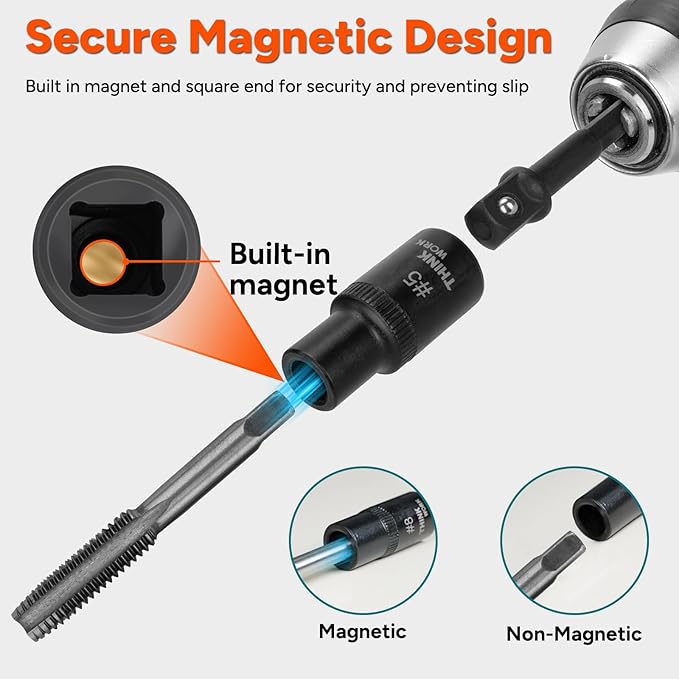 THINKWORK 12 Piece Magnetic Tap Socket Set, 1/4", 3/8" Square Drive Tap Handle Tool for Wrench