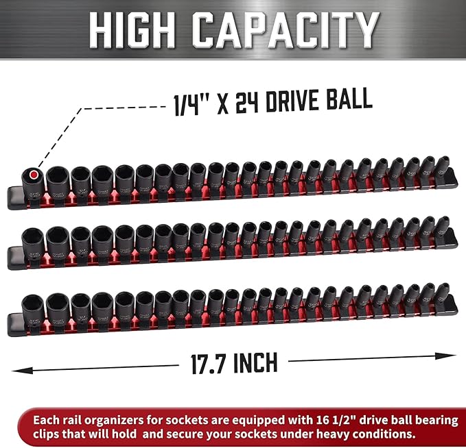ALOANES 3-Piece 1/4-Inch Drive Aluminum Alloy Socket Rail Organizer, Heavy Duty Socket Racks, Socket Holder Kit for Toolbox Drawer Fit 1/4-Inch x 72 Clips (Red)