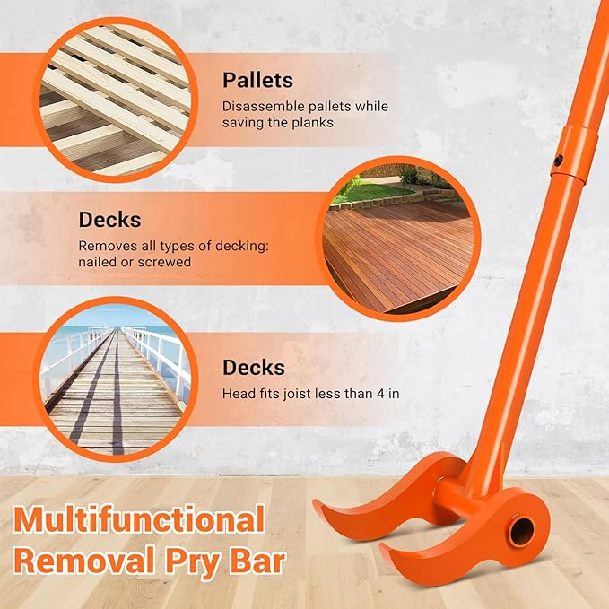 110 Degree Pallet Buster, 48" Carbon Steel Deck Board Removal Tool, Powerful Pry Bar for Deck, Pallet, Hardwood Board Demolition Without Wrist Strain