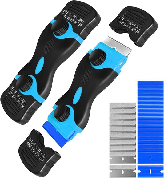 Razor Blade Scraper, Double Edge Razor Scraper Remover Tool with 30 Pcs Razor Blades for Labels Stickers Decals Removal Auto Window Tint Vinyl Tool Application (Blue)