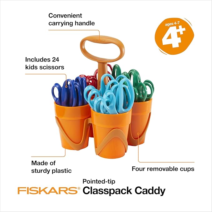 Fiskars 5" Pointed-Tip Scissors Classpack for Kids Ages 4-7 with Art Caddy Organizer (24-Pack), Kids Scissors for School or Crafting, Back to School Supplies, Assorted Colors
